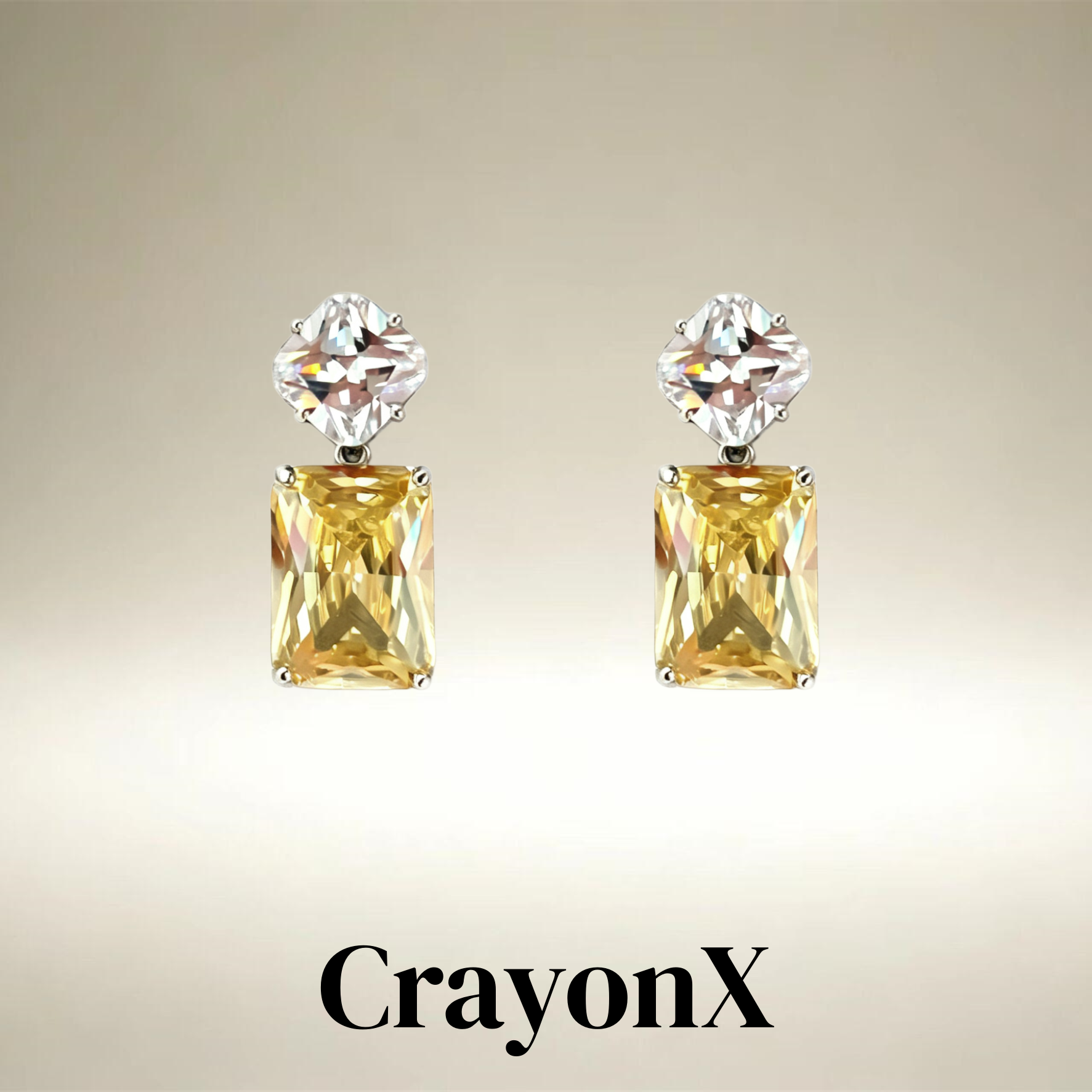 CrayonX四角切白钻黄钻双层耳钉