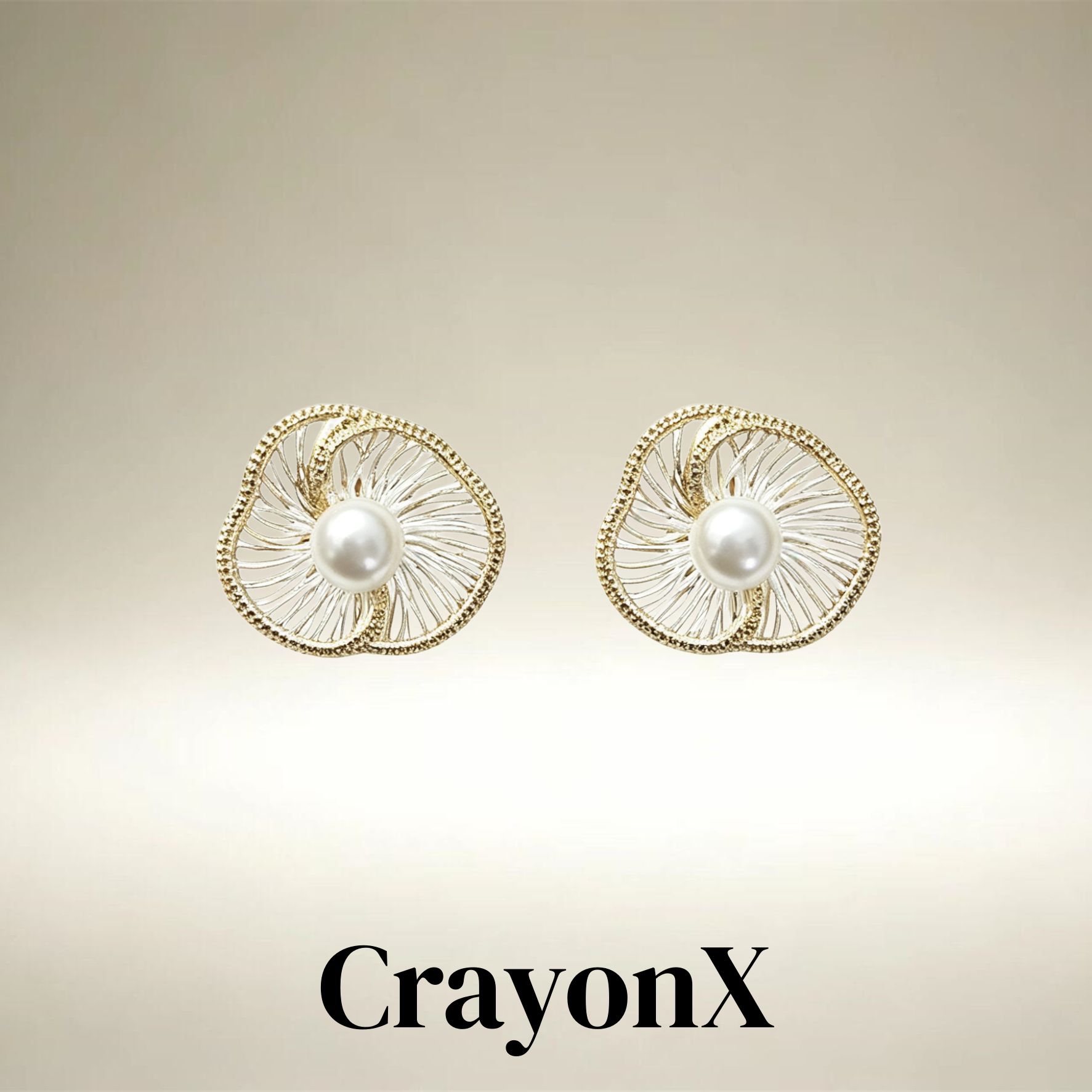 CrayonX爱心金丝缕珍珠耳钉