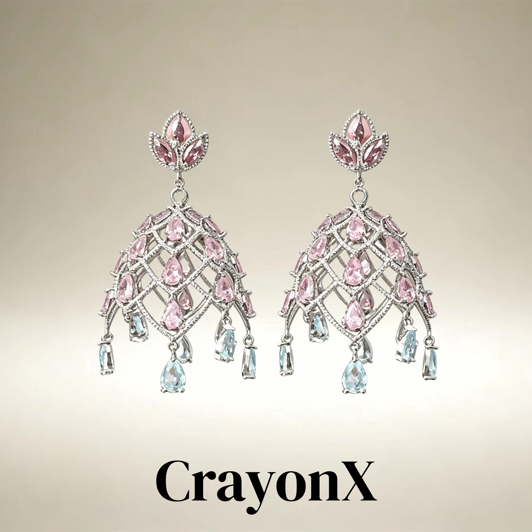 crayonx粉蓝之梦粉色蓝色满钻流苏耳饰女重工华丽夸张