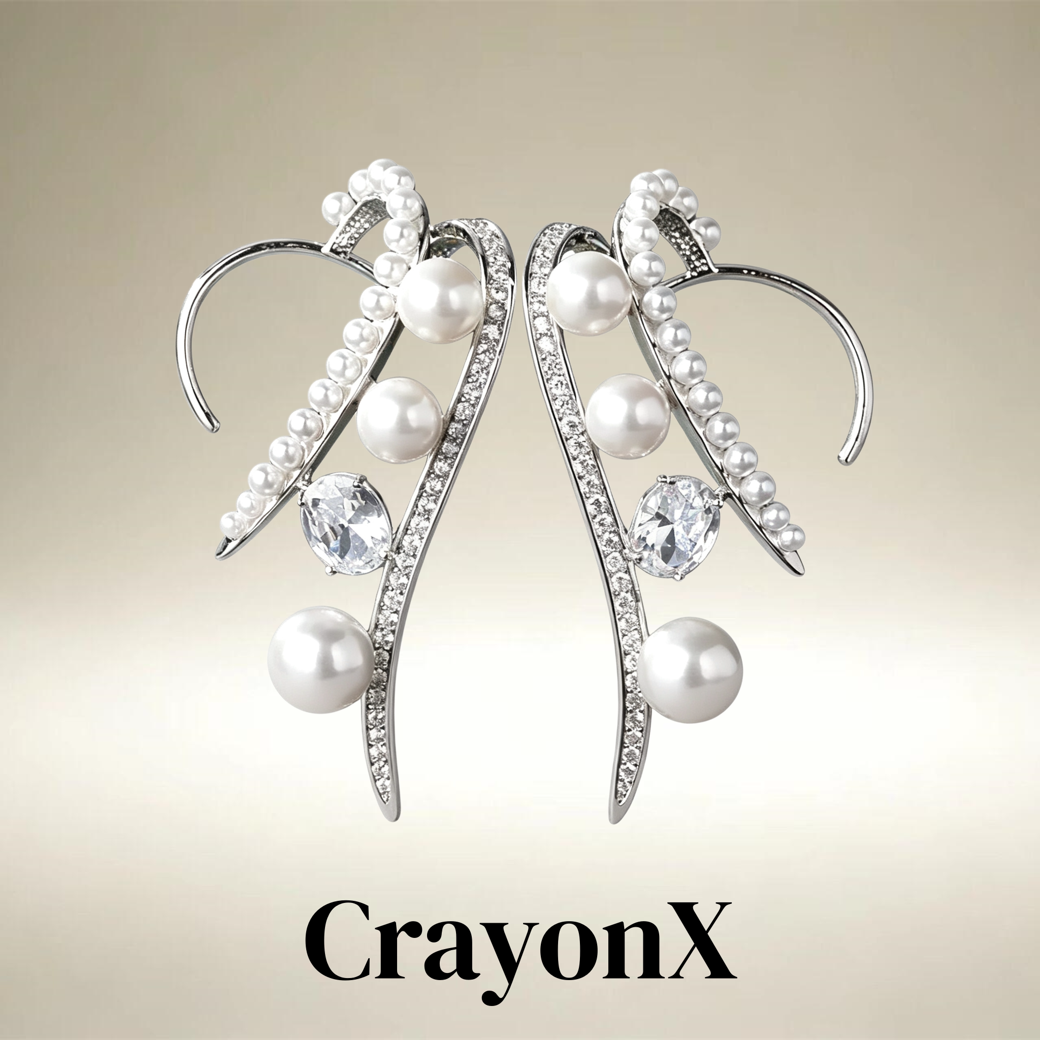 CrayonX银色强光珍珠白钻耳夹