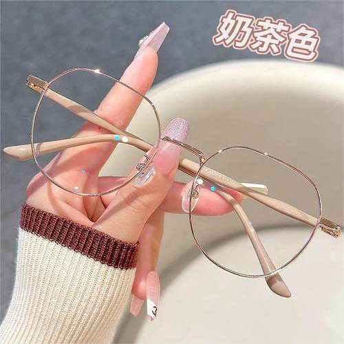 韩系显白奶茶色眼镜框女可配近视度数素颜文艺小圆框金丝眼睛镜架