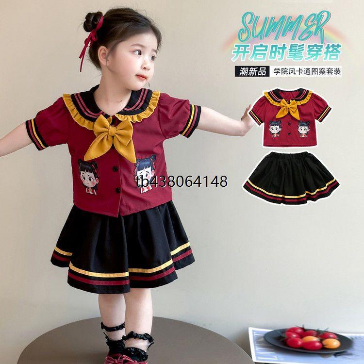 女童哪吒卡通JK套装2025夏季新款儿童女孩短袖学院风百褶裙两件套