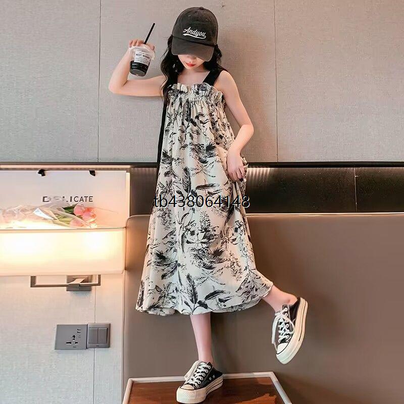 新款女大童夏装连衣裙水墨画洋气女童夏季复古吊带裙儿童公主裙潮