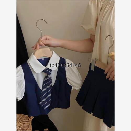 韩国女童学院风套装夏季儿童假两件短袖上衣洋气jk百褶裙两件套裙