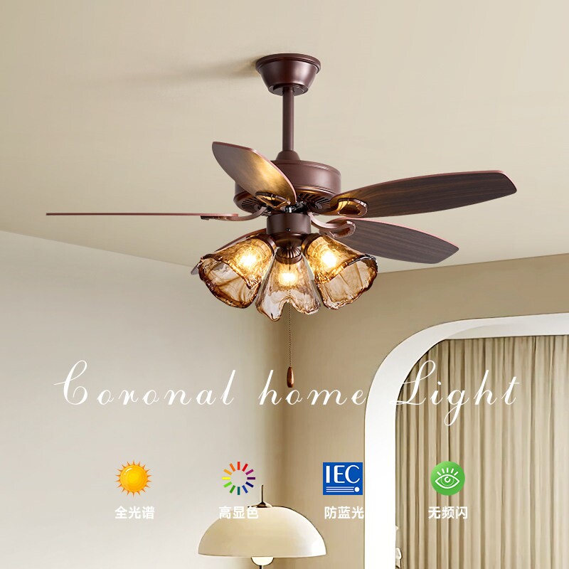 复古法式风扇灯木叶餐厅美拉德玻扇客厅卧室吊扇灯璃美式乡村电风