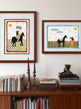 中古风复古客餐厅小众挂画奶油风入户玄关装饰画包豪斯小马组合画