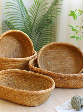 家好点桌面收纳篮手工草编杂物整理篮 家用零食面包水果收纳托盘