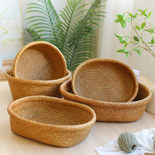 家好点手工草编织收纳篮圆形托盘