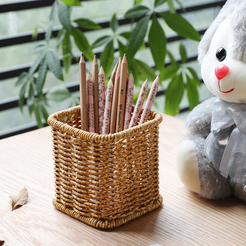 仿藤编织笔筒桌面文具收纳筐草编刀叉茶具化妆刷收纳桶装饰插花篮,收纳整理,桌面收纳盒,淘宝优惠券,粉丝福利购,淘宝优惠卷