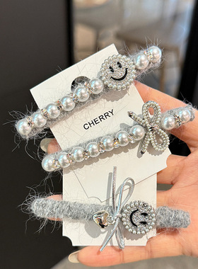 灰色毛呢发夹气质珍珠发饰蝴蝶结发卡韩国时尚侧边夹网红刘海夹女