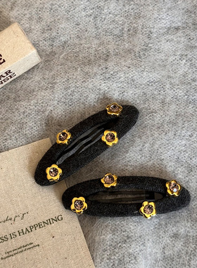 韩系复古高级灰色椭圆水钻花朵掰掰夹BB夹气质闪钻侧边夹刘海夹子