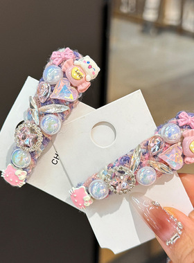 韩国新款粉紫色毛线水钻掰掰夹精致刘海发夹甜美可爱闪钻bb夹头饰