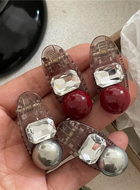 高级感仿灰色酒红珍珠发夹边夹 水钻塑料椭圆鸭嘴夹侧边刘海夹