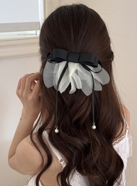 韩版高级感灰色网纱蝴蝶结飘带发夹女气质后脑勺顶夹弹簧夹一字夹
