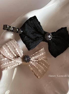 灰色水钻蝴蝶结法式气质发夹高级感小香风一字夹鸭嘴夹发饰新款