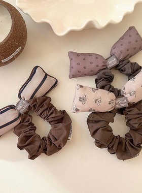 新款复古灰色小碎花充棉蝴蝶结马尾发绳可爱少女条纹棕色百搭发圈