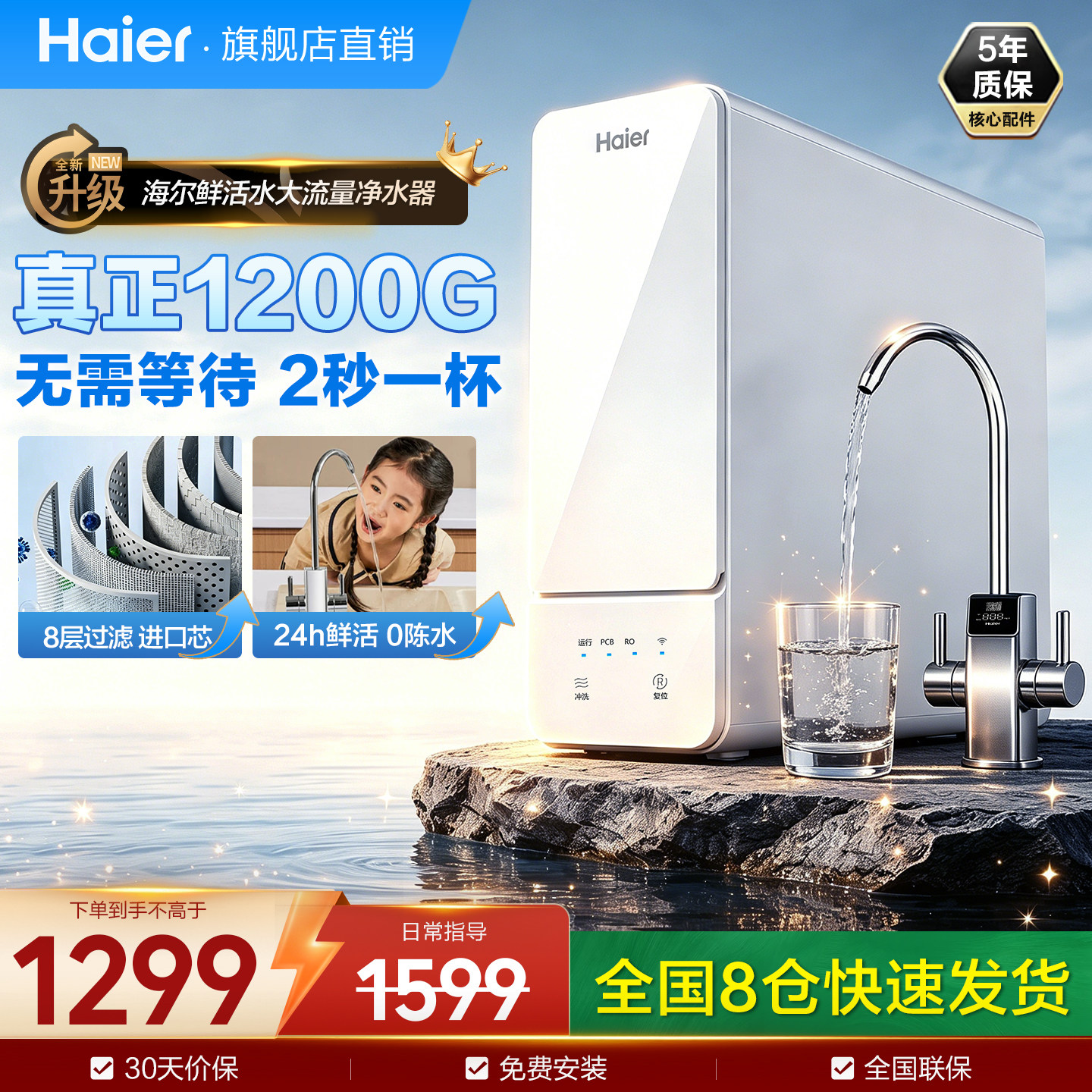 海尔净水器家用直饮过滤器厨房ro反渗透纯水机PRO1200G鲜活水直饮