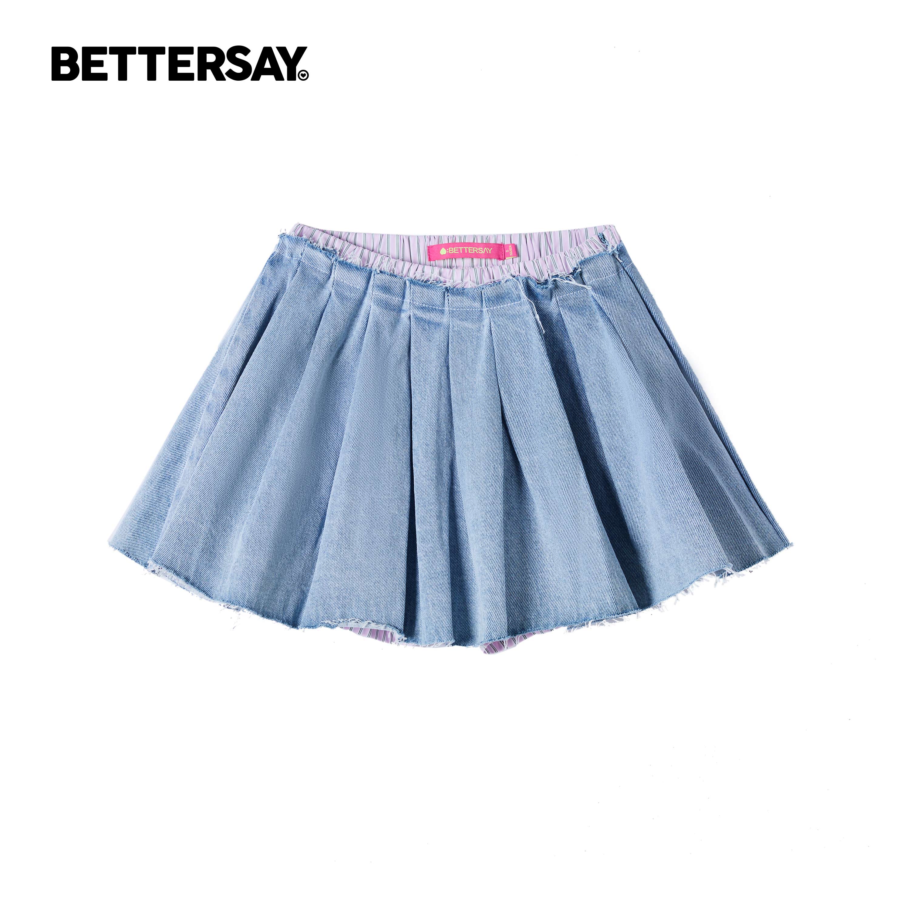 BETTERSAY 甜酷辣妹斜纹水洗百褶短裙牛仔半裙设计感纯色裙