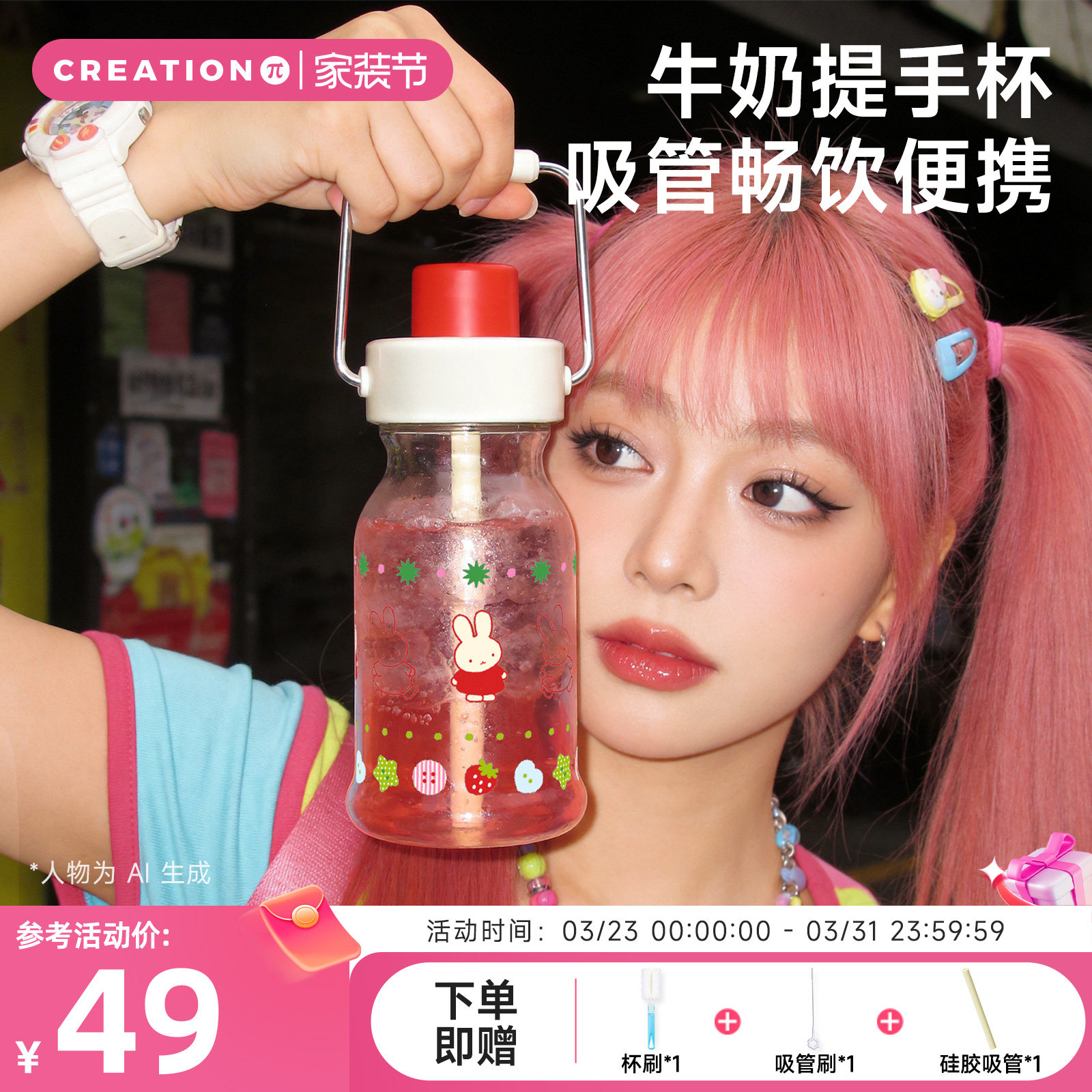 万兀玻璃杯女生高颜值高硼硅耐高温吸管水杯夏日便携咖啡手提杯子