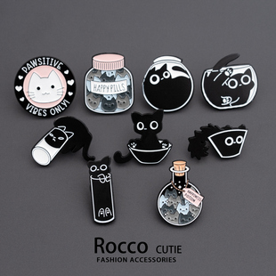 卡通可爱搞怪小黑猫猫胸针个性别针小众设计动物徽章学生书包配饰