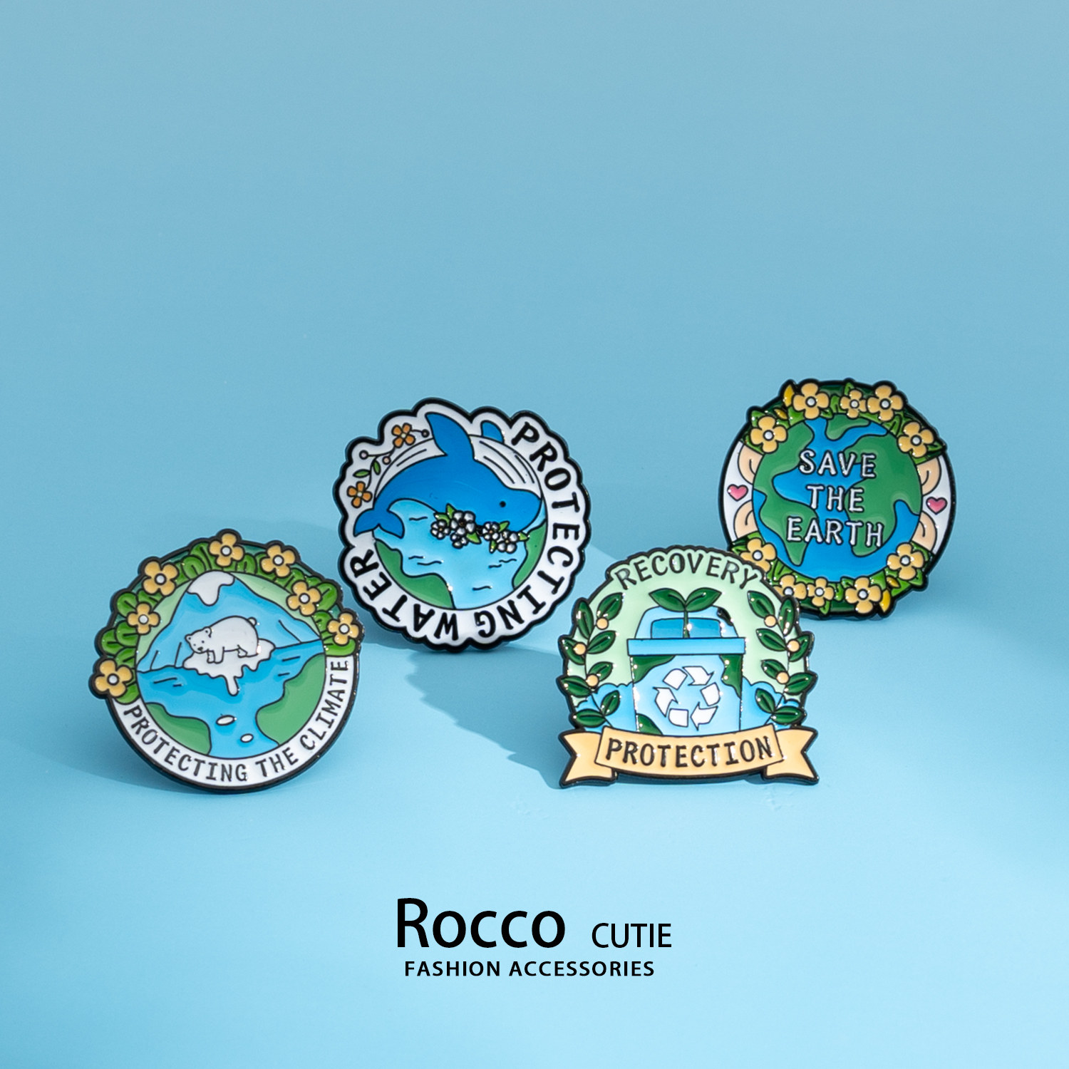 2025新款卡通环保胸针保护地球海洋环境生态循环利用蓝色星球徽章