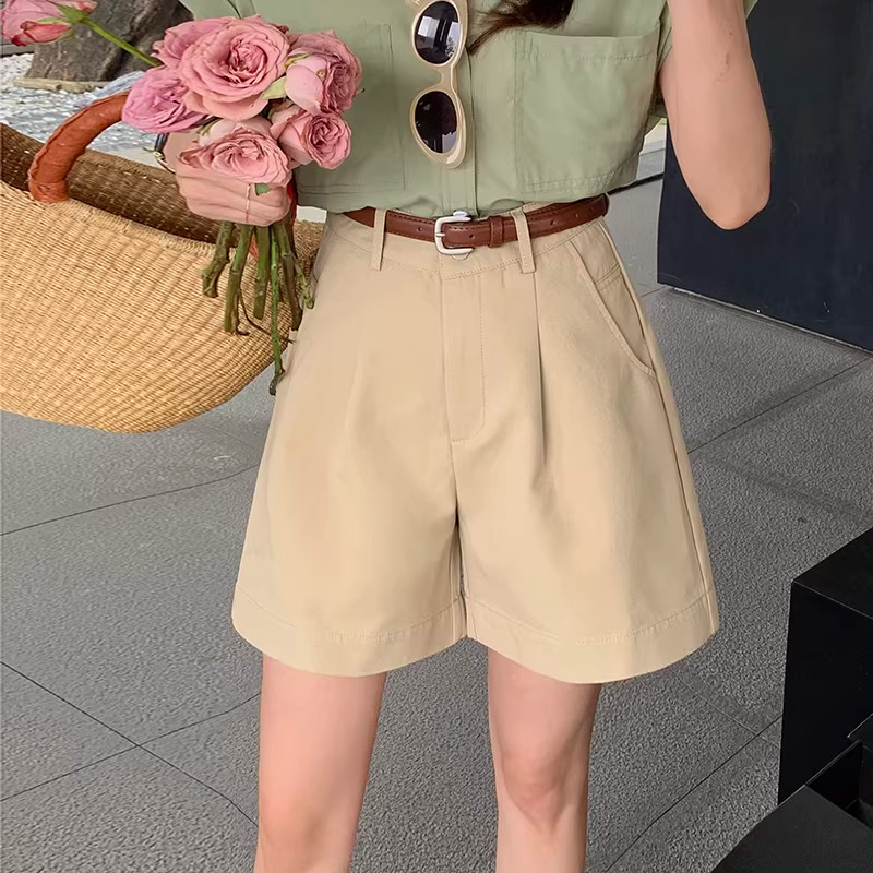 卡其色短裤女夏季高腰显瘦休闲西装中裤小个子a字阔腿工装五分裤图片