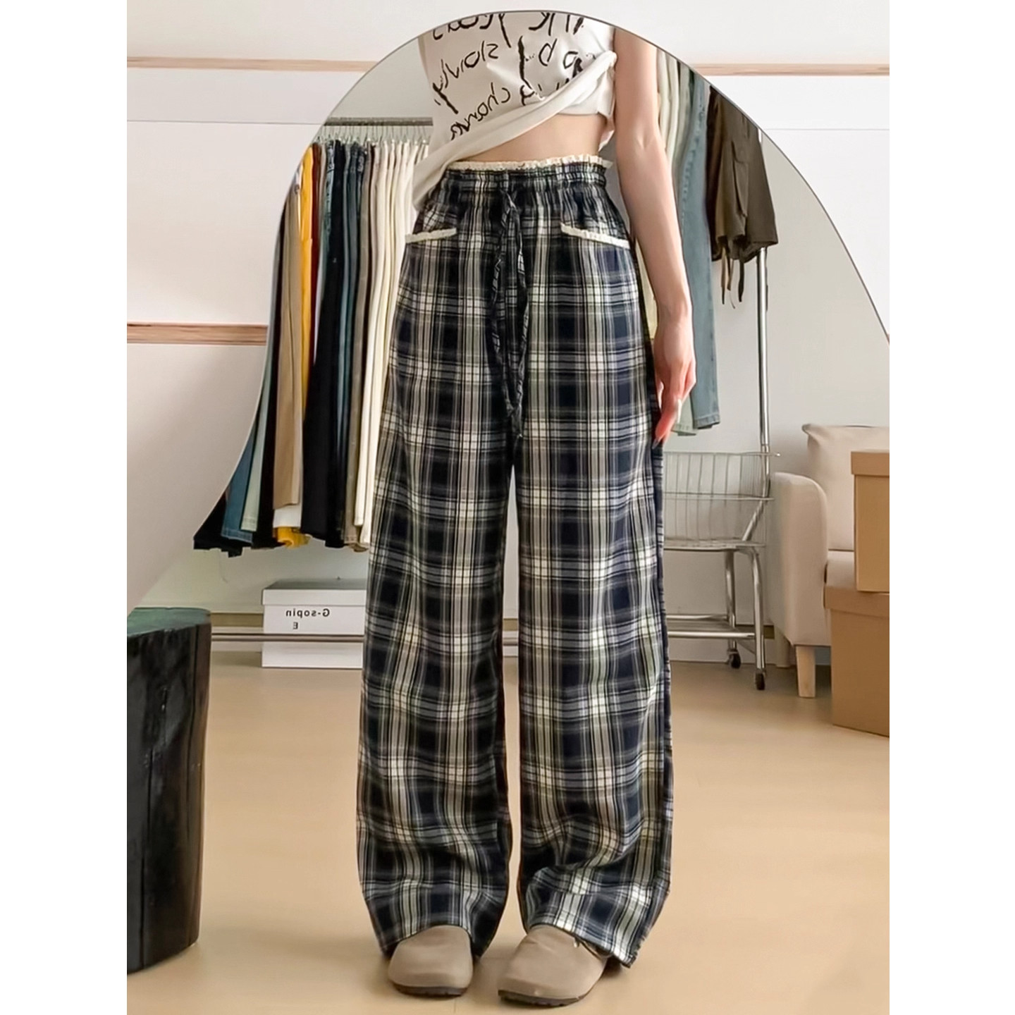 灰蓝格子直筒休闲裤女2025春秋款抽绳宽松高腰显瘦阔腿裤长裤裤子