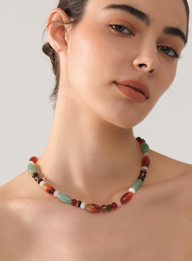 aiden candice绿东陵红玛瑙串珠项链复古新中式风轻奢气质首饰