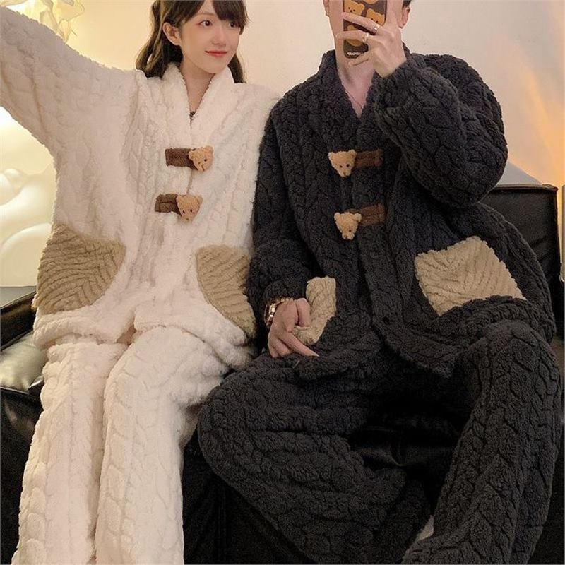 情侣睡衣女秋冬季加厚珊瑚绒2024新款韩版小熊男士冬天毛绒家