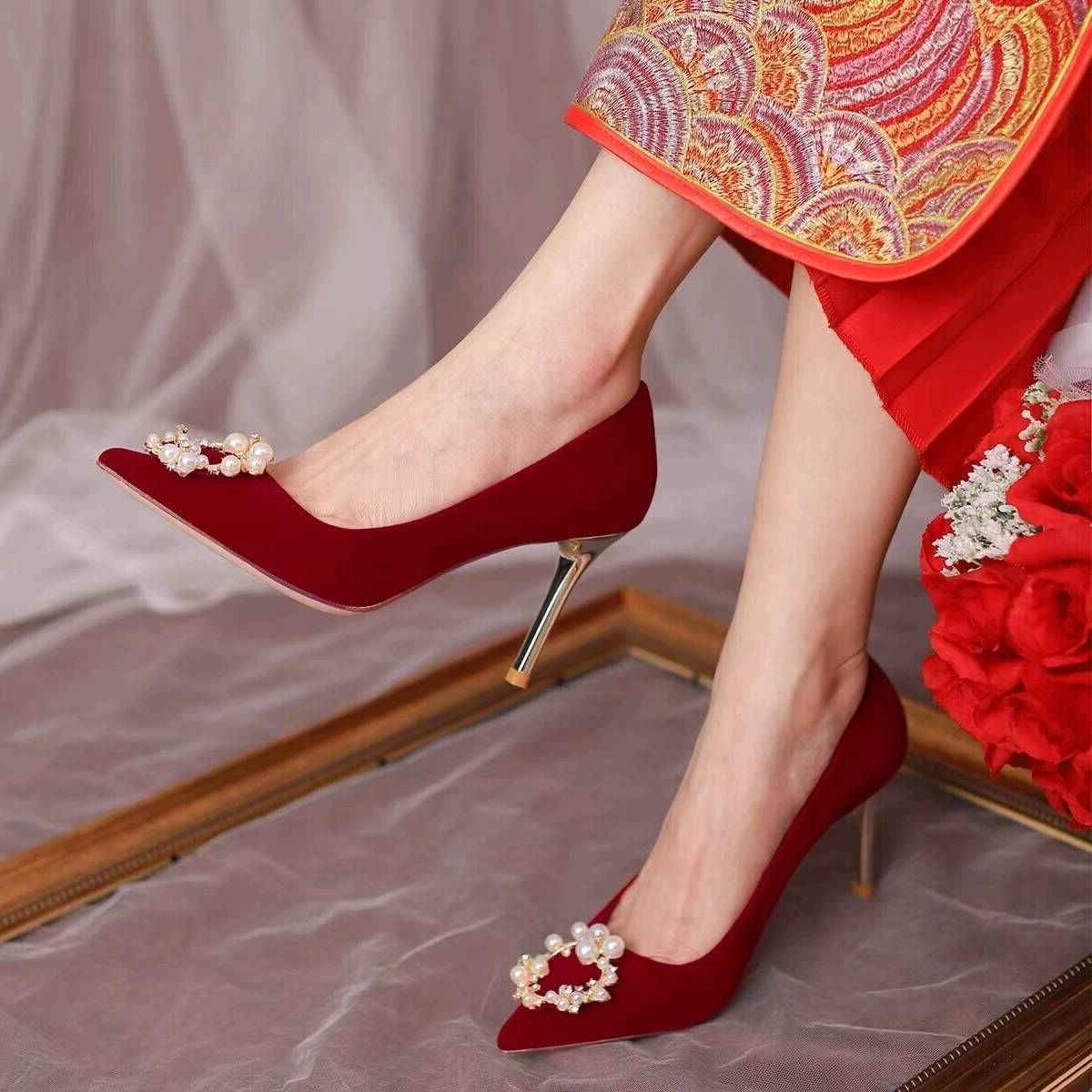 酒红色婚鞋女小码313233新娘鞋结婚两穿婚纱订婚高跟鞋大码41一43,女鞋,婚鞋,淘宝优惠券,粉丝福利购,淘宝优惠卷