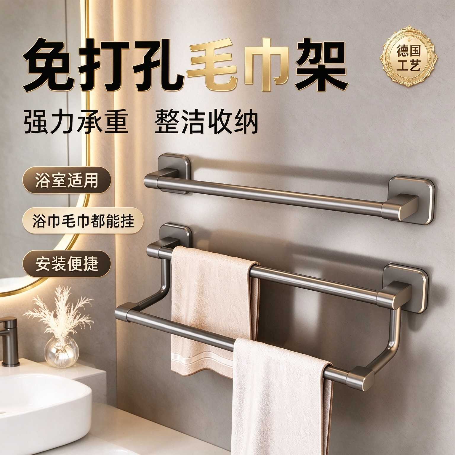 卫浴毛巾挂杆化妆室毛巾架免打孔挂毛巾架浴巾架挂毛巾置物架浴室