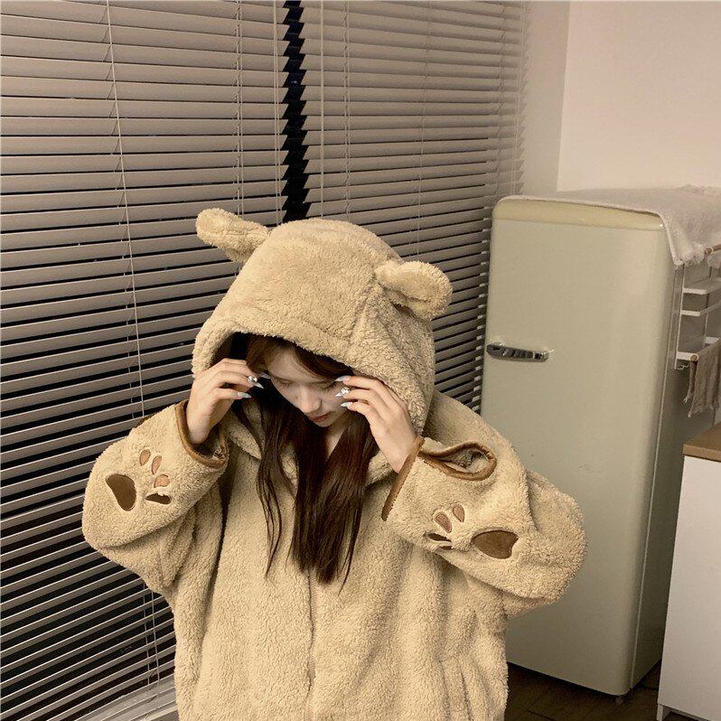 实拍实价韩版冬季加厚珊瑚绒卡通刺绣熊仔毛绒绒外穿家居服套装