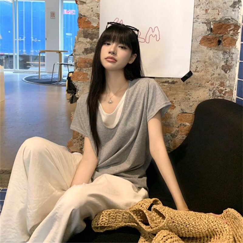 雪花棉 假两件v领短袖t恤女2026新款夏季宽松慵懒松弛感穿搭上衣