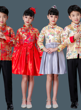 儿童唐装中式男童喜庆新年演出服女春季新款秋冬男孩过年礼服红色