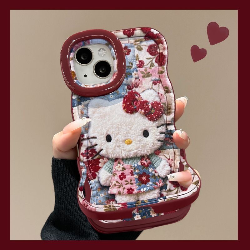 酒红双支架碎花KT猫适用17手机壳