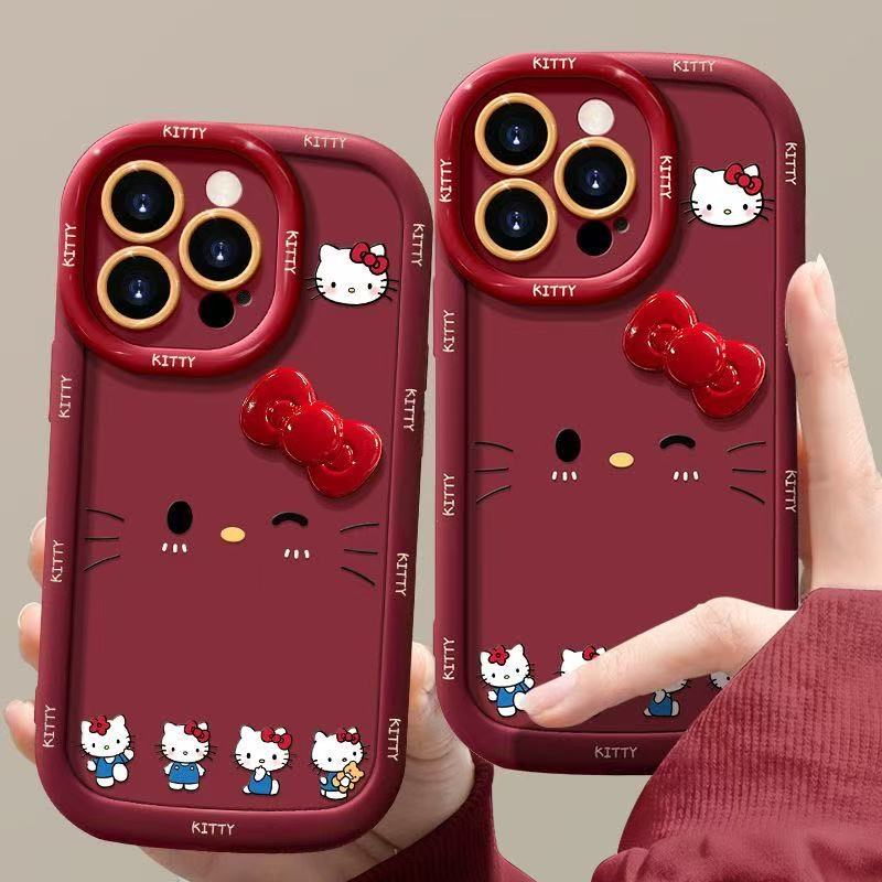 酒红色kt猫公仔适用苹果17手机壳