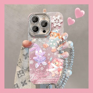 可爱达菲熊适用苹果16promax手机壳华为nova13新款mate60冰川纹pura70高级感OPPOReno12支架vivos19女荣耀200