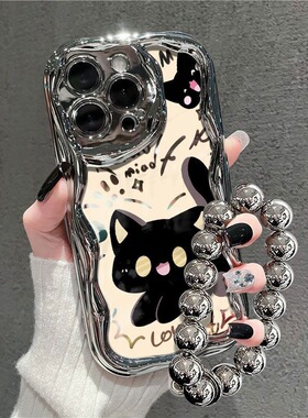 小黑猫适用14pro苹果15手机壳iPhone13promax硅胶11新女款xr镜面软壳12防摔小众创意xsmax高级7PLUS/8/6s卡通