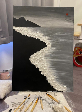 黑色沙滩丨丙烯画@肌理画石英砂一起画画吧冰岛黑沙滩 极简装饰画