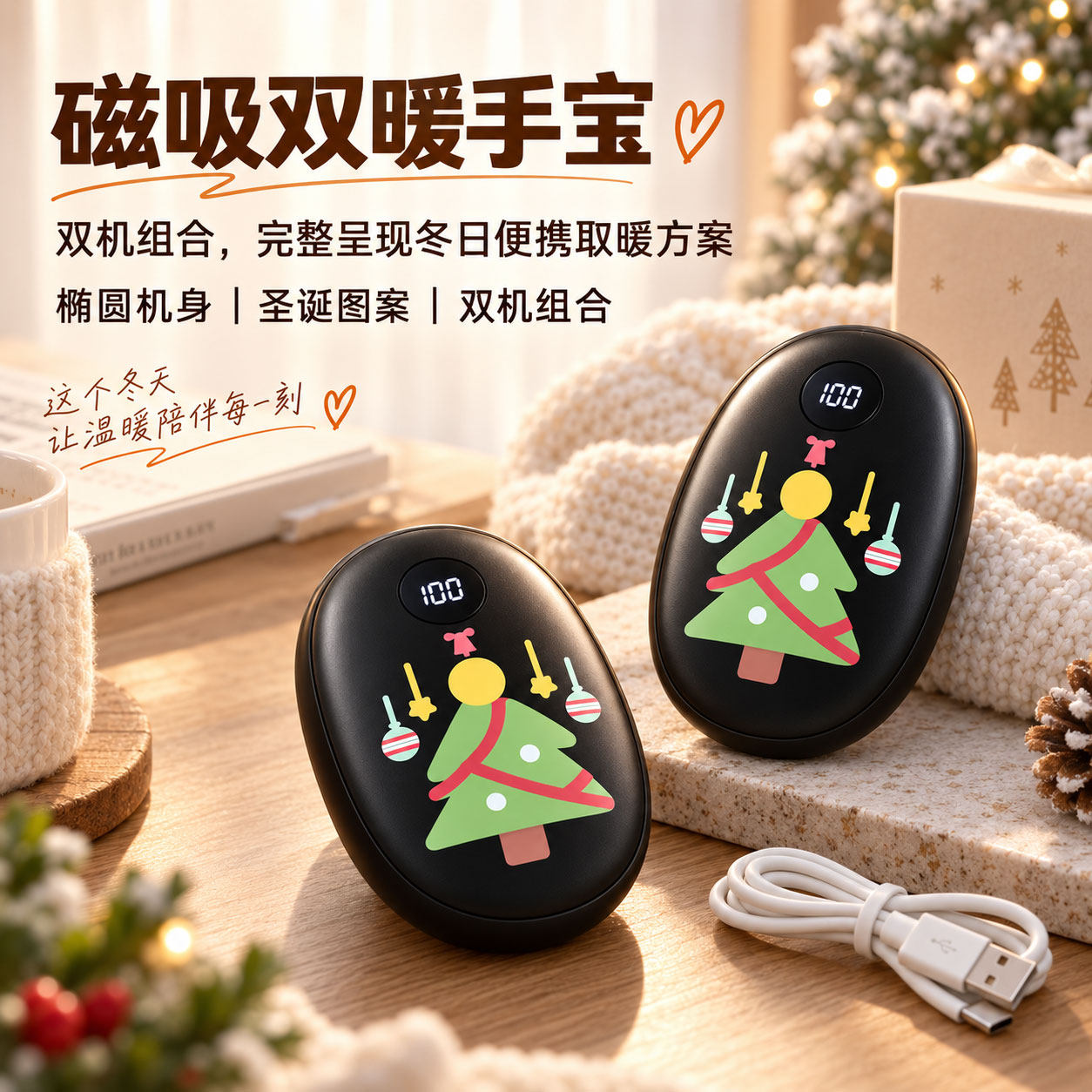 圣诞磁吸自发热USB恒温暖手宝
