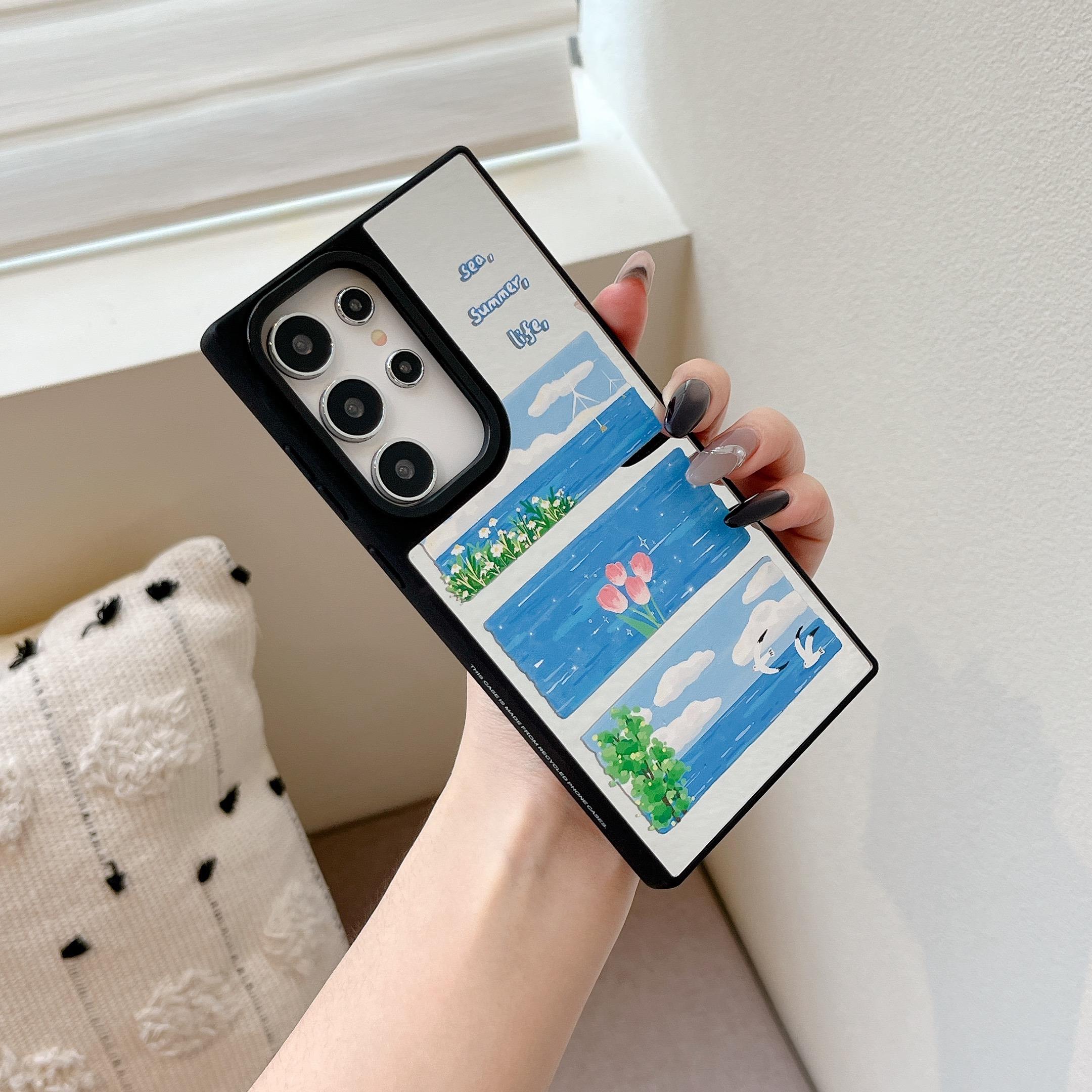 适用苹果15iPhone14plus16镜面13promax三星SamsungS24ultra蓝色海S25+23手机壳12防摔新款高级感保护套