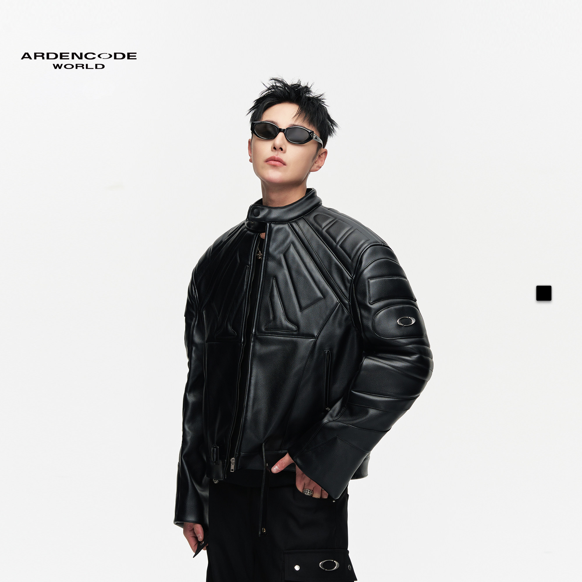 ARDENCODE男女无限撞色圆领宽肩 宽松 PU机车夹克外套M9版