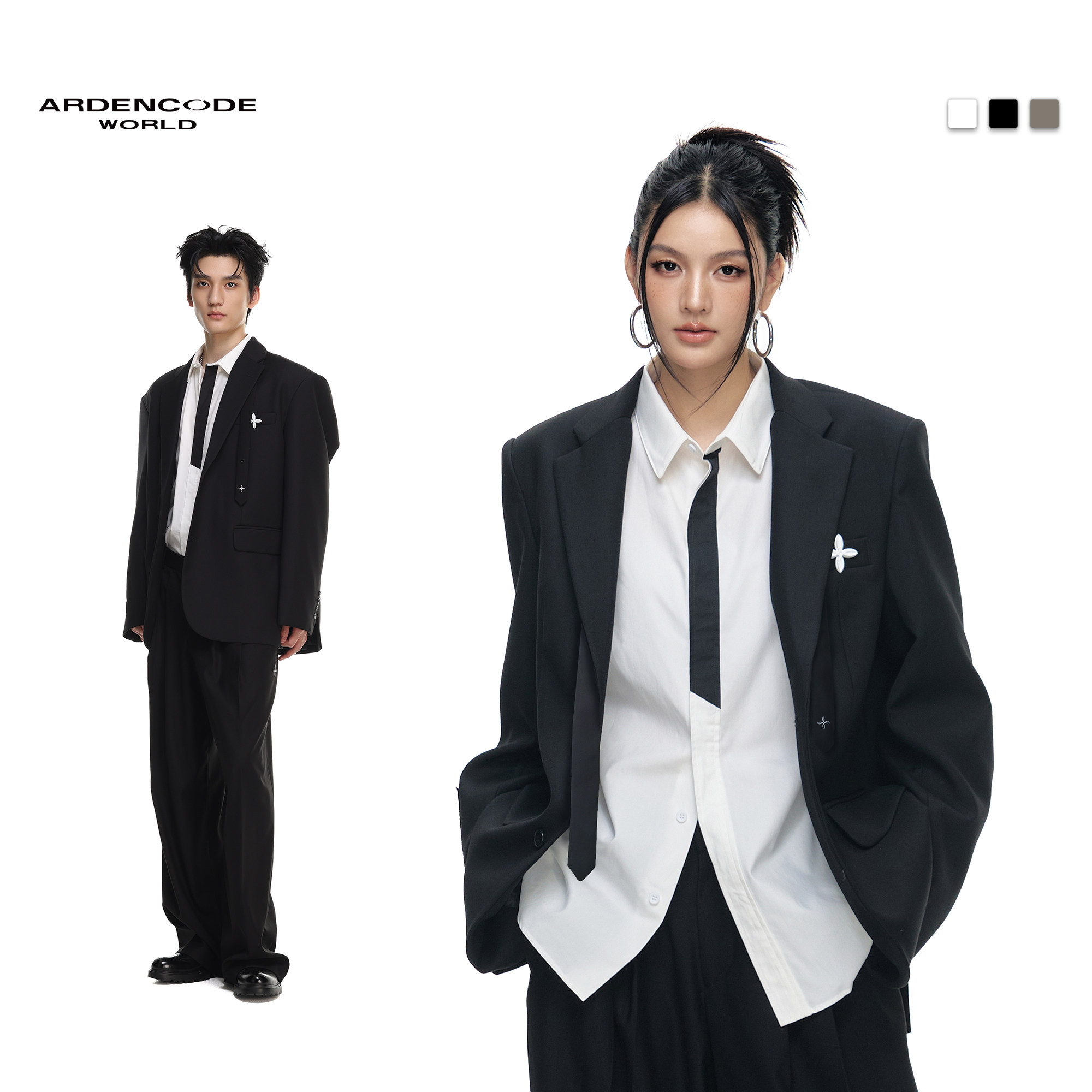 ARDENCODE男女基础款 贴布胸针宽肩大宽松混纺直筒西装外套X1版型