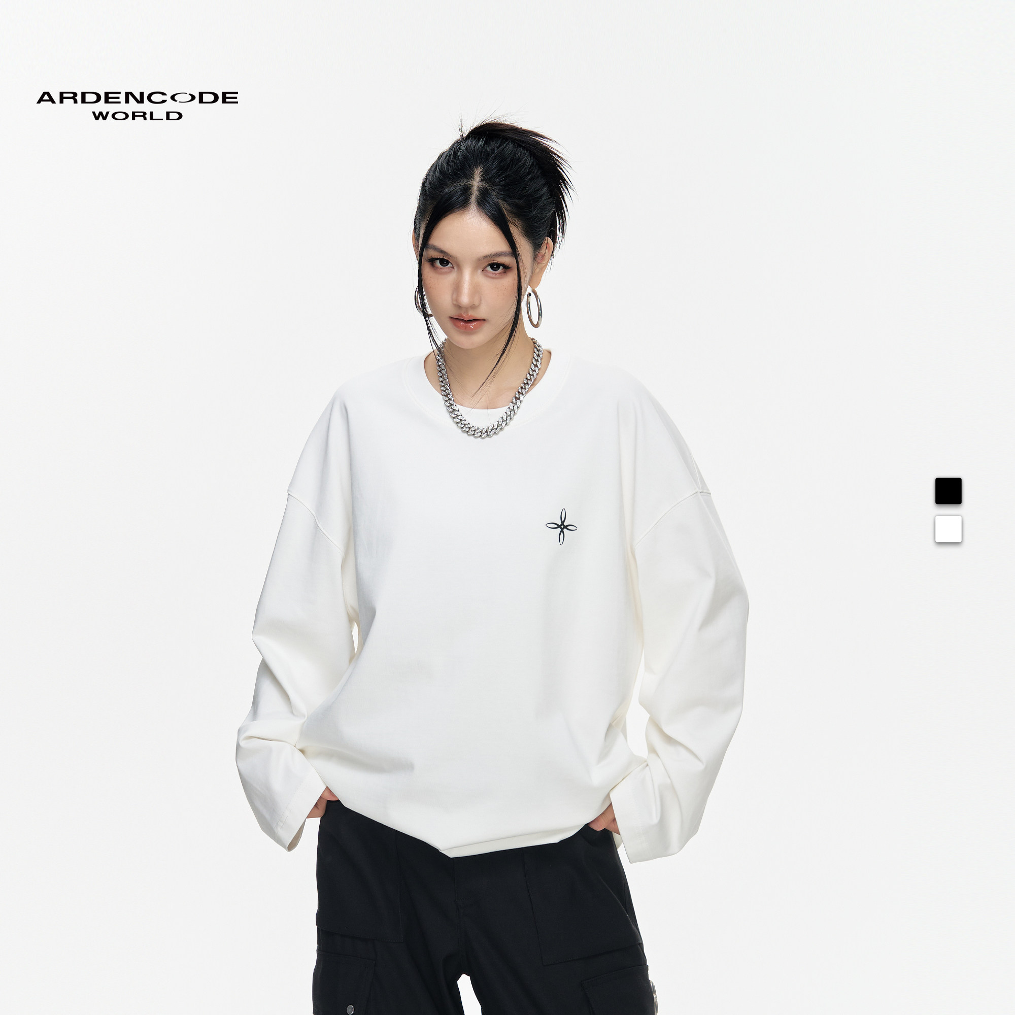 ARDENCODE男女 基础款反光LOGO印花宽松圆领320G纯棉 针织长袖T恤