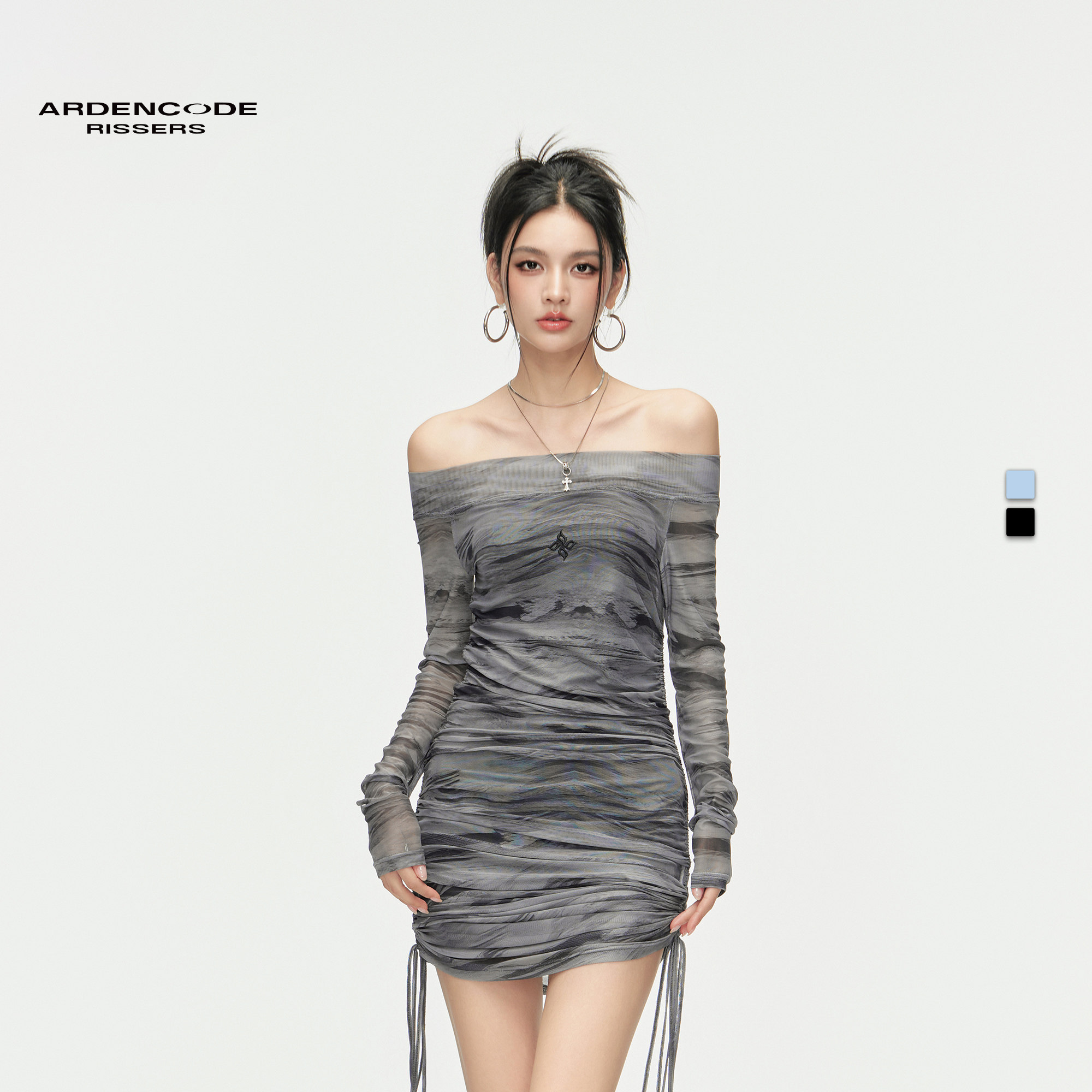 ARDENCODE明星同款一字肩短裙女夏高级感辣妹收腰网纱长袖连衣裙