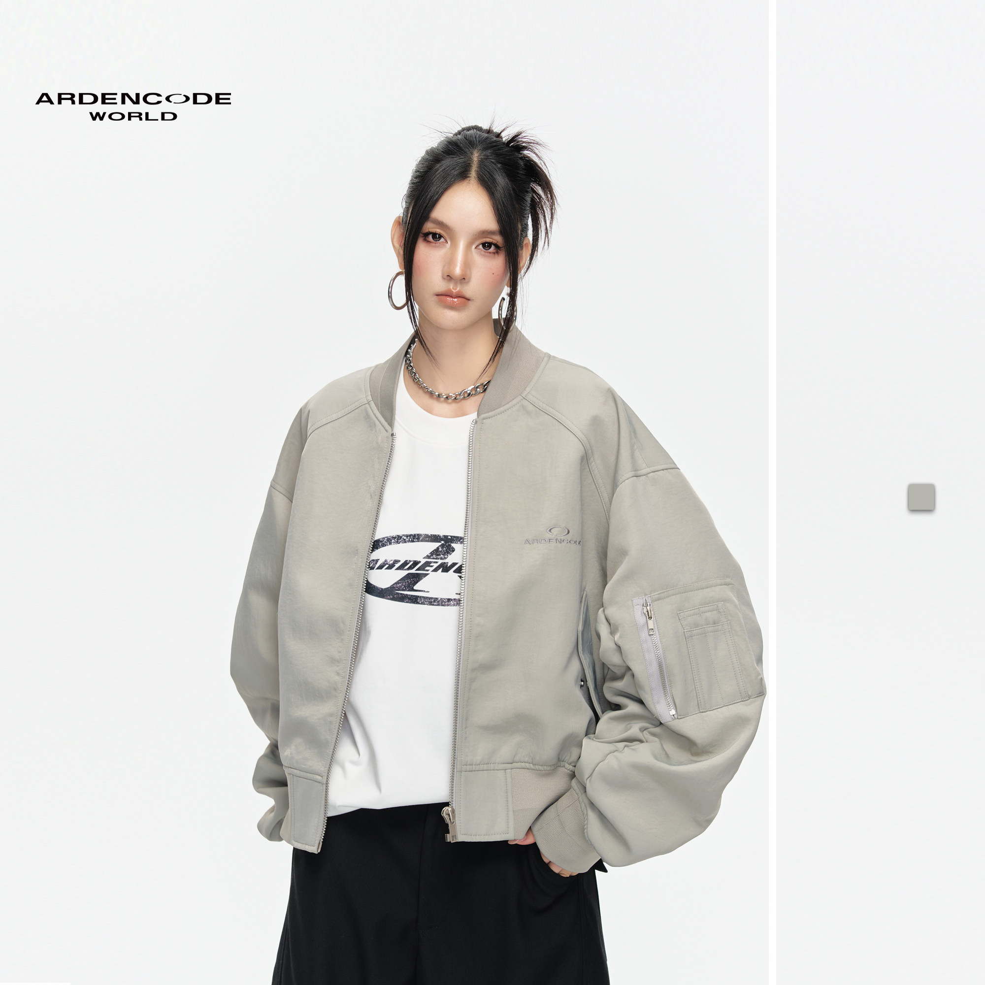ARDENCODE男女大宽松无帽圆领褶皱bomber飞行员夹克外套M11版型