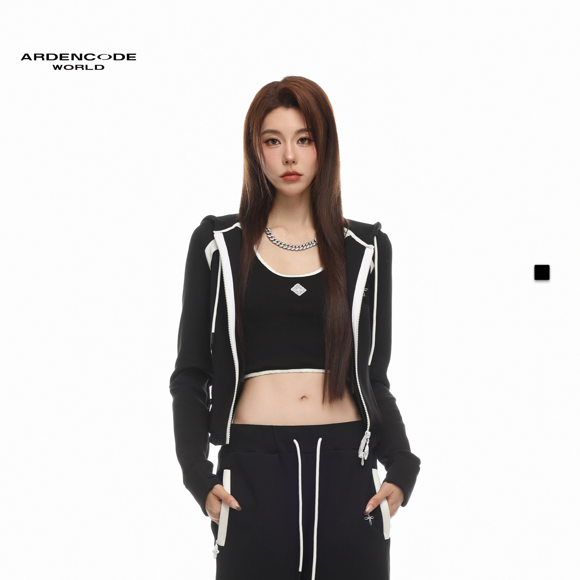 ARDENCODE符号女针织修身拼接撞色连帽极简刺绣运动风H型修身外套