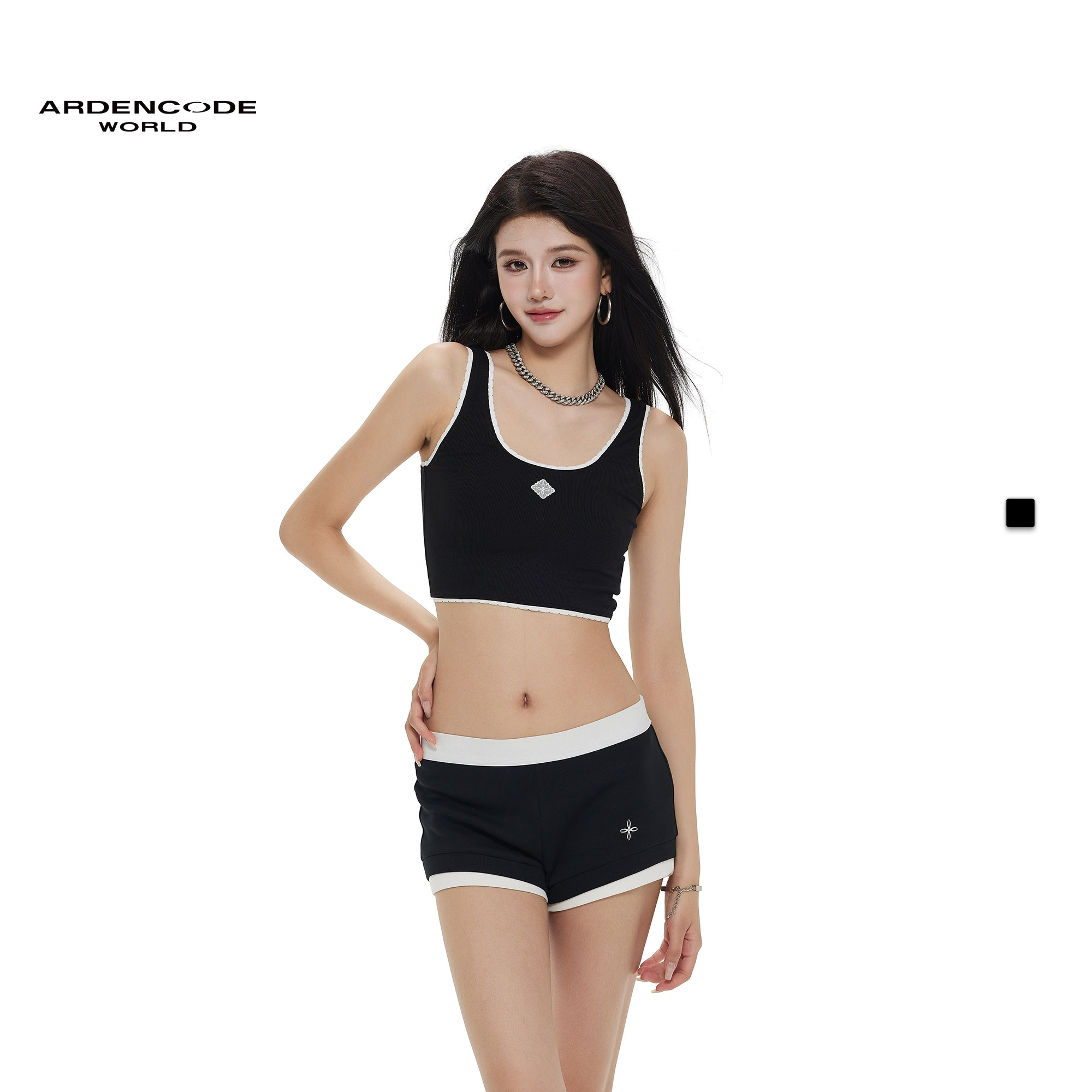 ARDENCODE符号女款设计款烫钻黑色齐腰抹胸甜酷辣妹紧身内搭上衣