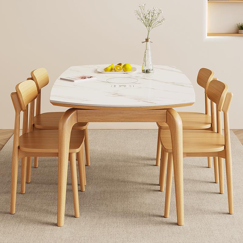 Rock and Real Wood Dining Table and Chair Set Modern Simple Foldable Extendable Round Table for Home