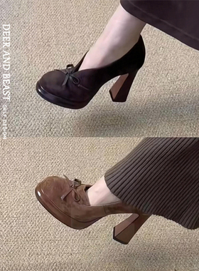 羊皮版~法式复古蝴蝶结气质高跟鞋浅口单鞋粗跟美拉德玛丽珍鞋女